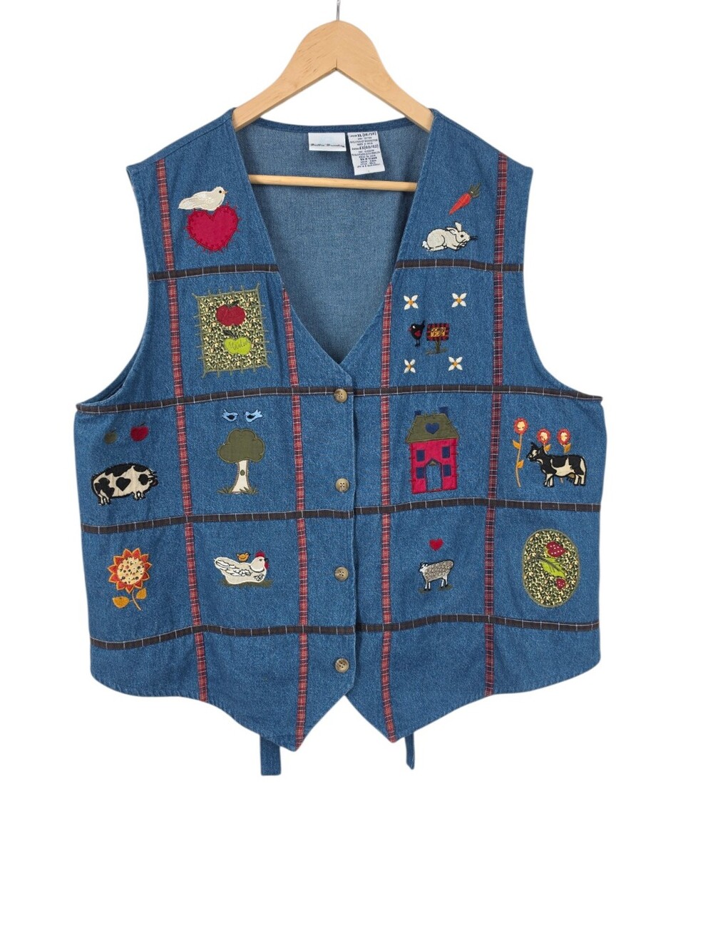 Vintage Embroidered Applique Blue Jean Denim Vest Chicken Cow Strawberry Farm